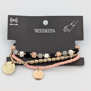 Todomoda Beaded Bracelet Set Gold Tone Peach Neutral Stackable Stretch Jewelry
